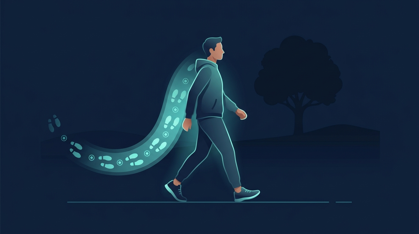 Persona caminando al aire libre a un ritmo fácil y sostenible con un rastro brillante de pasos diarios detrás