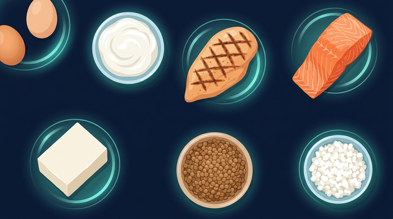 Alimentos ricos en proteína como huevos, yogur griego, pollo, salmón, tofu, lentejas y requesón dispuestos sobre una superficie oscura