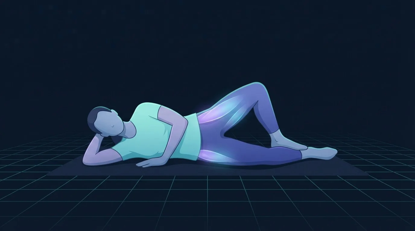A person lying on their side with knees bent opening the top knee while the pelvis stays stacked, the side of the hip glowing