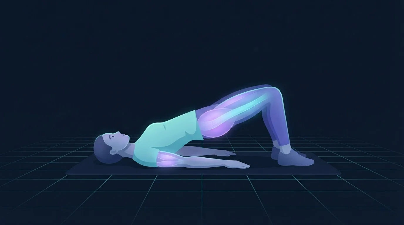 A person lying on a mat at the top of a glute bridge with hips lifted and the gluteal muscles glowing, the anchor drill of an activation warm-up