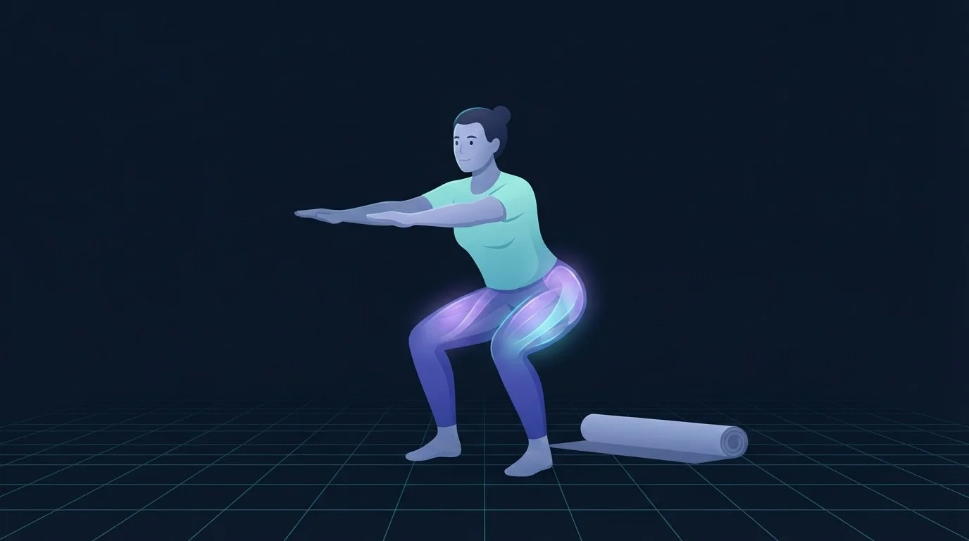 A person at the bottom of a bodyweight squat with the glutes and hamstrings glowing and a rolled mat on the floor beside them
