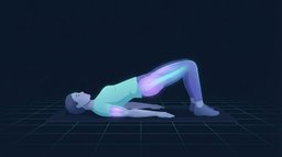 A person lying on a mat at the top of a glute bridge with hips lifted and the gluteal muscles glowing, the anchor drill of an activation warm-up