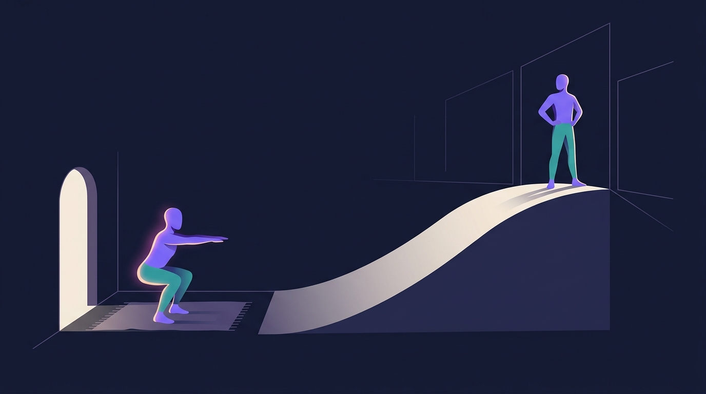 Illustration of the home-first path to the gym: a person practises a bodyweight squat at home, then a ramp rises toward a larger gym space where they stand confidently