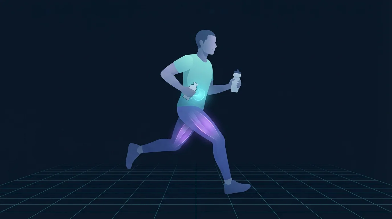 A runner taking a carbohydrate gel mid-stride on a long run, with a soft glow at the stomach and thighs showing where fuel is absorbed and used