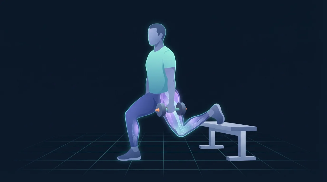 A runner performing a split squat holding a dumbbell, with the glutes, hamstrings and calf of the working leg glowing