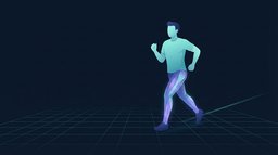 A runner holding a relaxed upright posture partway through a long training run, with the calves, hamstrings and glutes glowing to show the tissues that adapt slowest