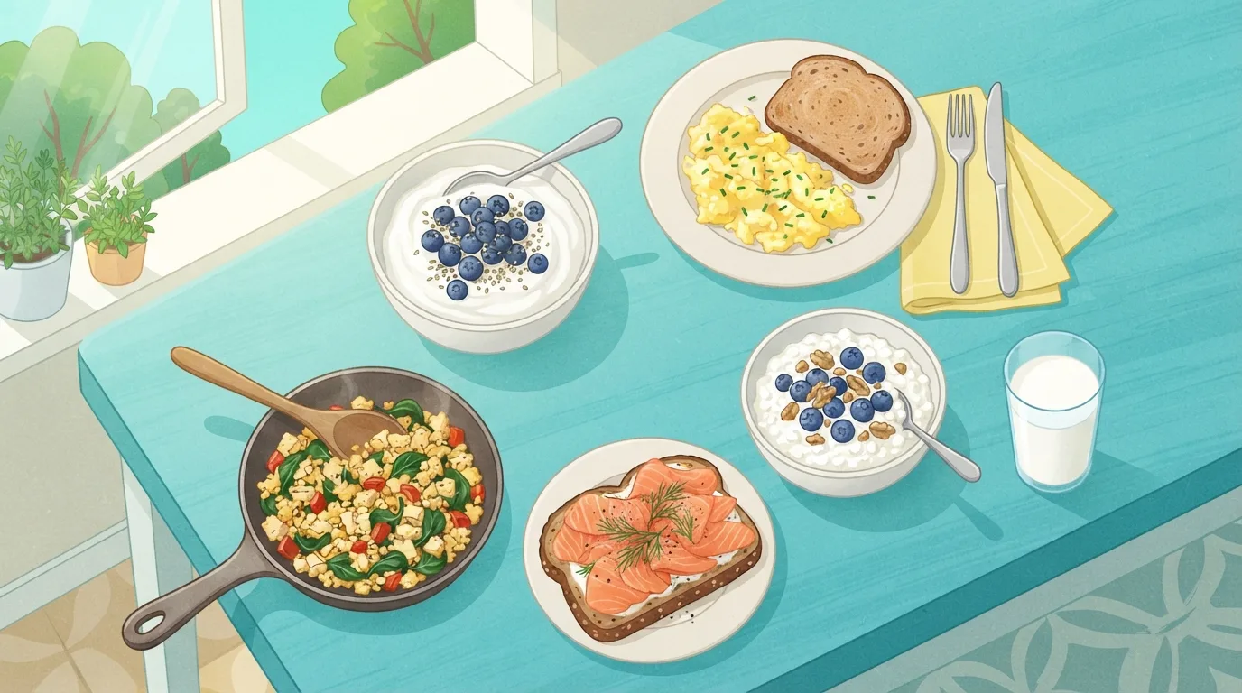 Five high protein breakfast ideas on a sunny turquoise table: a Greek yogurt bowl with blueberries and hemp seeds, scrambled eggs with whole-grain toast, cottage cheese with blueberries and walnuts, smoked salmon toast and a tofu scramble with spinach, beside a glass of milk
