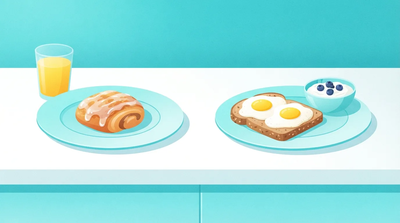 Two breakfast plates side by side on a white counter: a glazed pastry with a glass of orange juice on the left, and two fried eggs on whole-grain toast with a small bowl of Greek yogurt and blueberries on the right