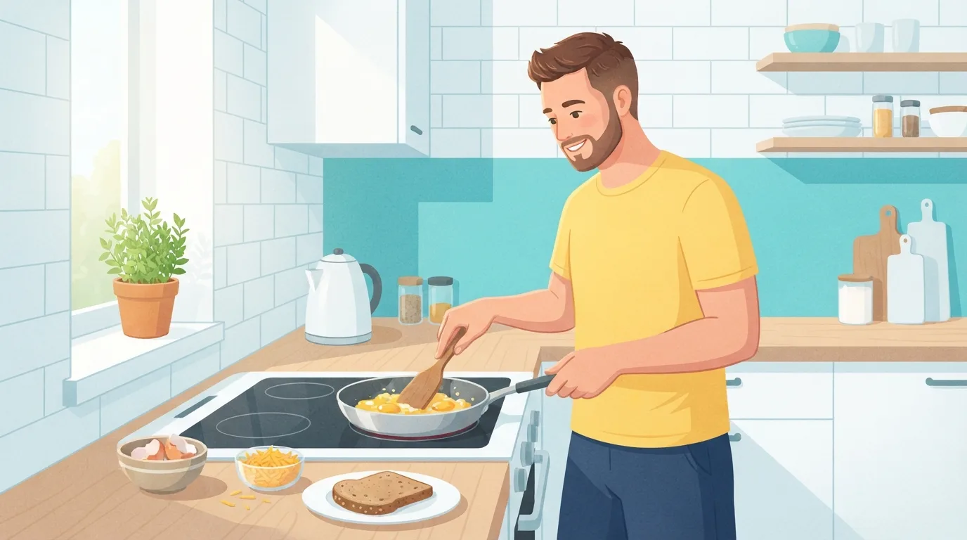 A bearded man in a yellow T-shirt scrambling eggs in a frying pan in a bright kitchen, with a bowl of eggshells, a dish of grated cheese and a slice of whole-grain toast beside the stove
