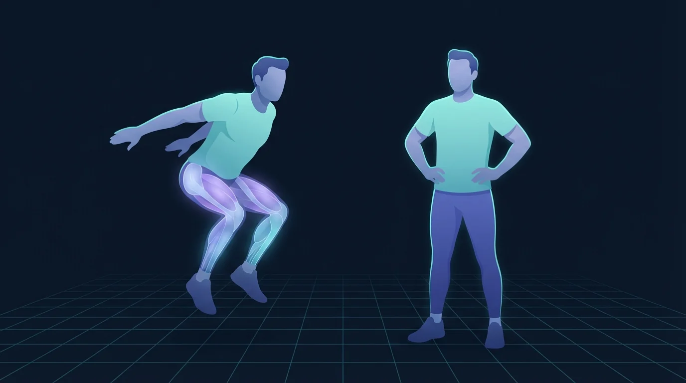 One figure driving hard through a squat jump in a living room while a second stands recovering with hands on hips, showing the work bout and the recovery bout of an interval