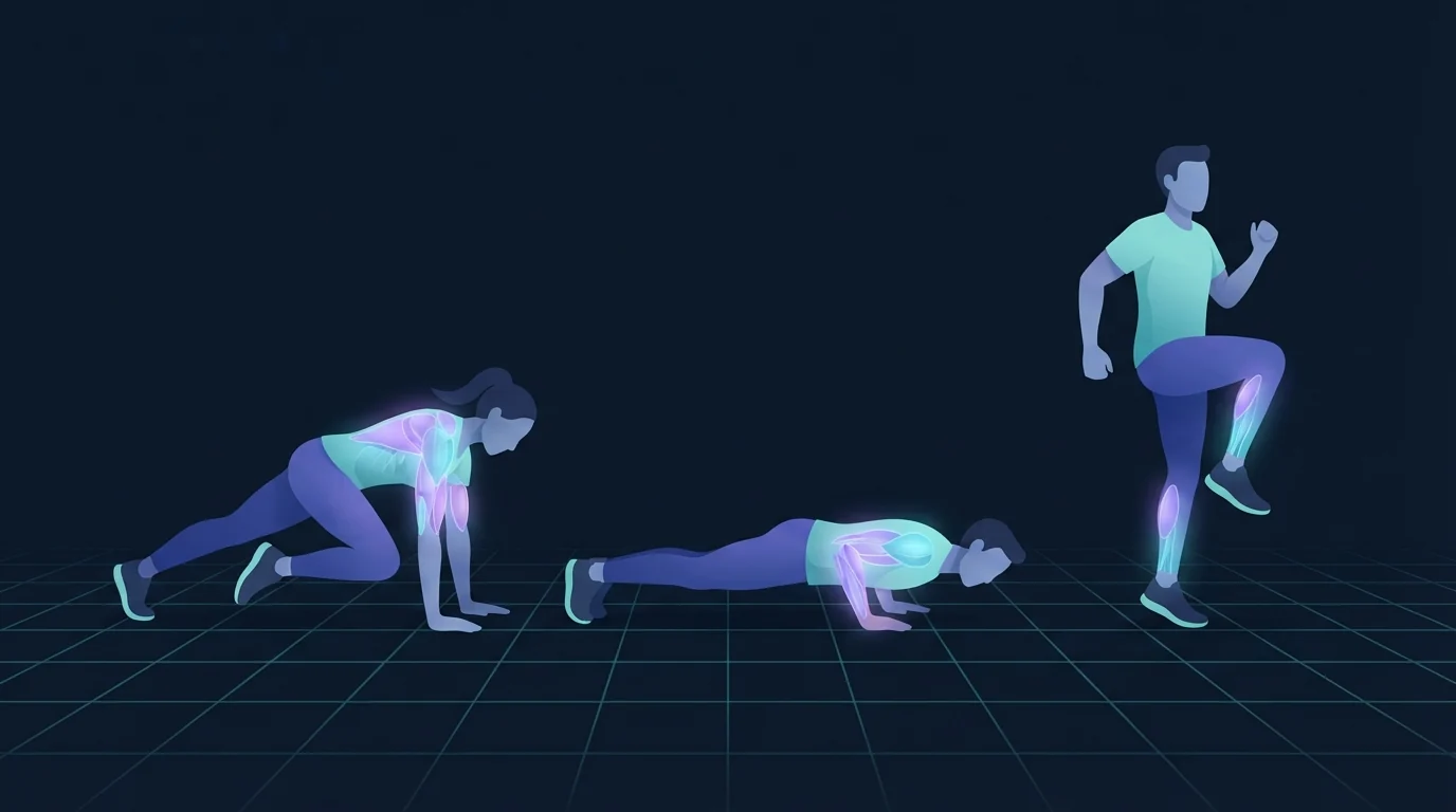 Three figures on a living room floor at different stages of a bodyweight interval, one mid burpee, one in a mountain climber, one marching through recovery