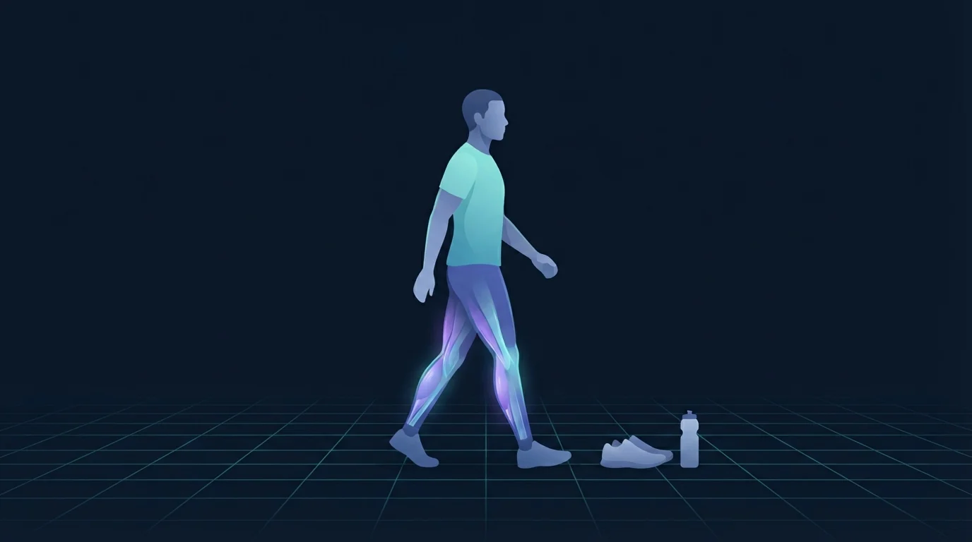 A figure walking calmly on a grid floor with a running shoe and a plain water bottle nearby, representing the easy days that sit between two hard interval sessions
