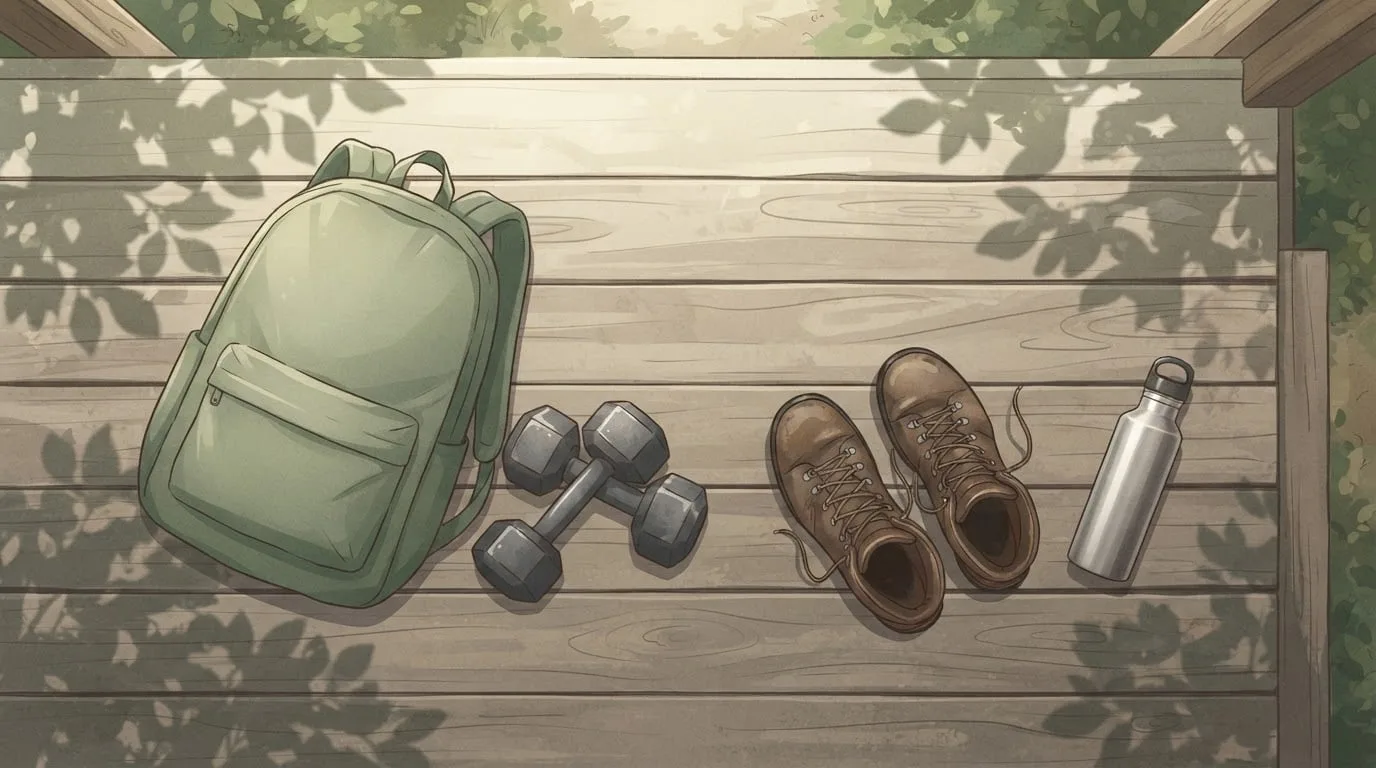 Overhead view of a sage-green daypack, a pair of hex dumbbells, brown leather hiking boots and a metal water bottle on a wooden deck dappled with leaf shadows, the kit for a hiking workout at home