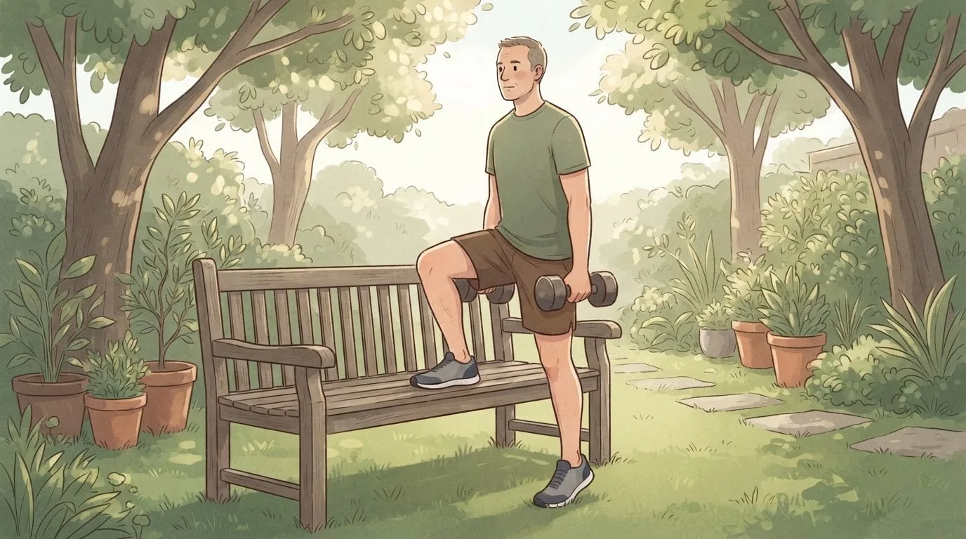 A man in a green t-shirt holding dumbbells with one foot planted on the seat of a wooden garden bench, ready to step up, in dappled light under trees, a hiking workout exercise at home