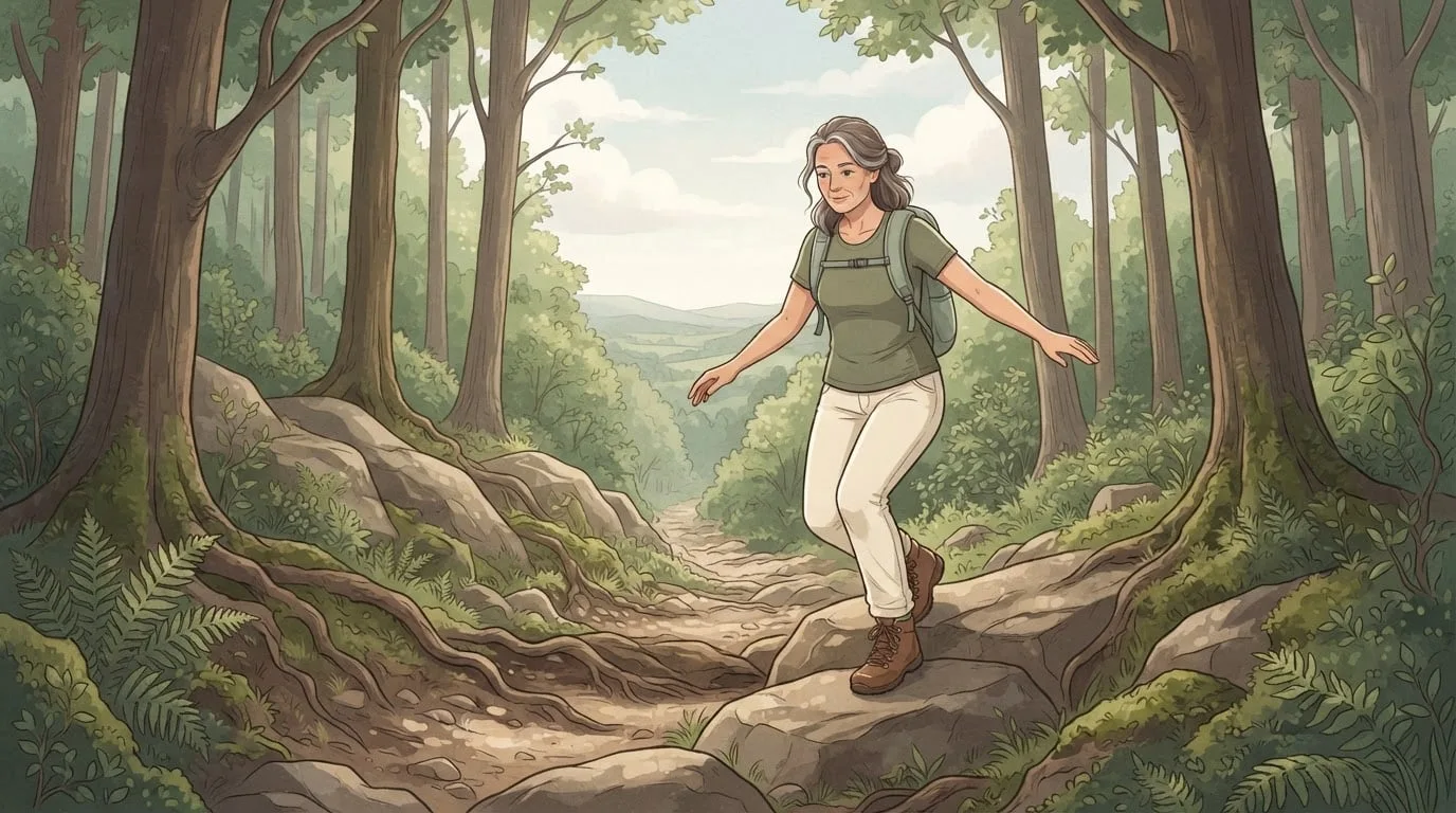 A grey-haired woman with a daypack stepping down from rock to rock on a forest trail in dappled light, arms out for balance and knee bent as she brakes on the descent, the downhill work a hiking workout trains for