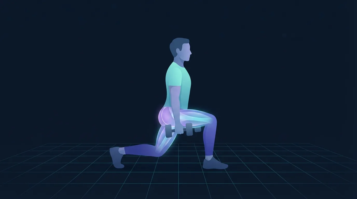 Eine Person macht eine Kurzhantel-Split-Squat mit hervorgehobenen Gesäßmuskeln und Quadrizeps, das Unterkörper-Krafttraining, das sich die Erholung mit Hügelsprint-Einheiten teilt
