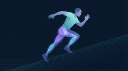 A runner driving up a steep incline with the glutes, hamstrings and calves glowing, showing the propulsive muscles that hill sprints load