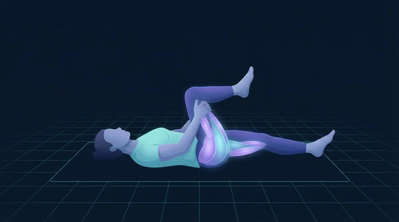 Una figura ilustrada tumbada sobre una esterilla llevando una rodilla hacia el pecho con ambas manos, con la cadera exterior y el glúteo resaltados, un ejercicio de movilidad de cadera en el suelo