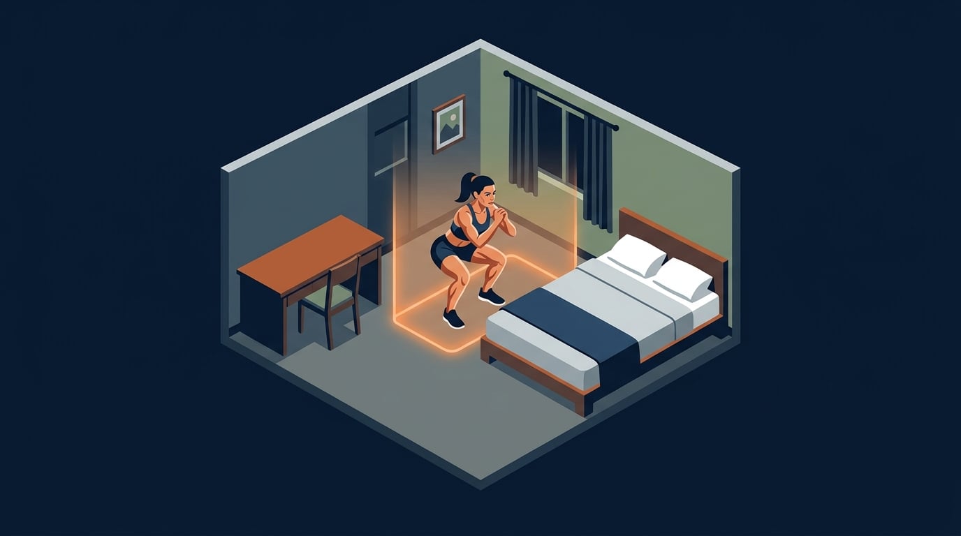 Clear floor space beside a hotel bed marked out as a workout area for a no-equipment travel workout