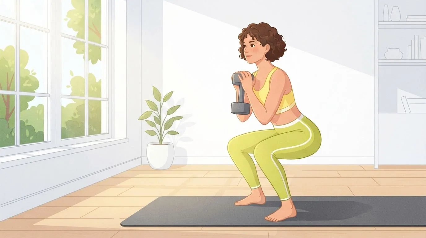 Une jeune femme aux cheveux bouclés faisant un squat goblet avec haltère sur un tapis d'exercice dans un salon lumineux, tenant un haltère contre sa poitrine, le type d'entraînement qui donne un rôle à un surplus calorique pour prendre du muscle