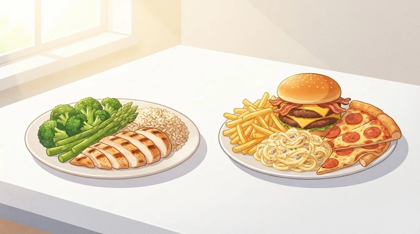 Deux assiettes côte à côte sur une table blanche : une assiette raisonnable de poulet grillé, de riz, de brocoli et d'asperges à côté d'une assiette surchargée d'un cheeseburger au bacon, de frites, de pâtes et de pizza, qui compare un repas sensé pour prendre du muscle à une prise de masse sale
