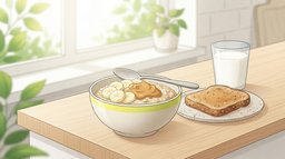 A bowl of oatmeal topped with banana slices and a spoonful of peanut butter beside a slice of whole-grain toast and a glass of milk on a sunny kitchen counter, the size of a typical calorie surplus to build muscle