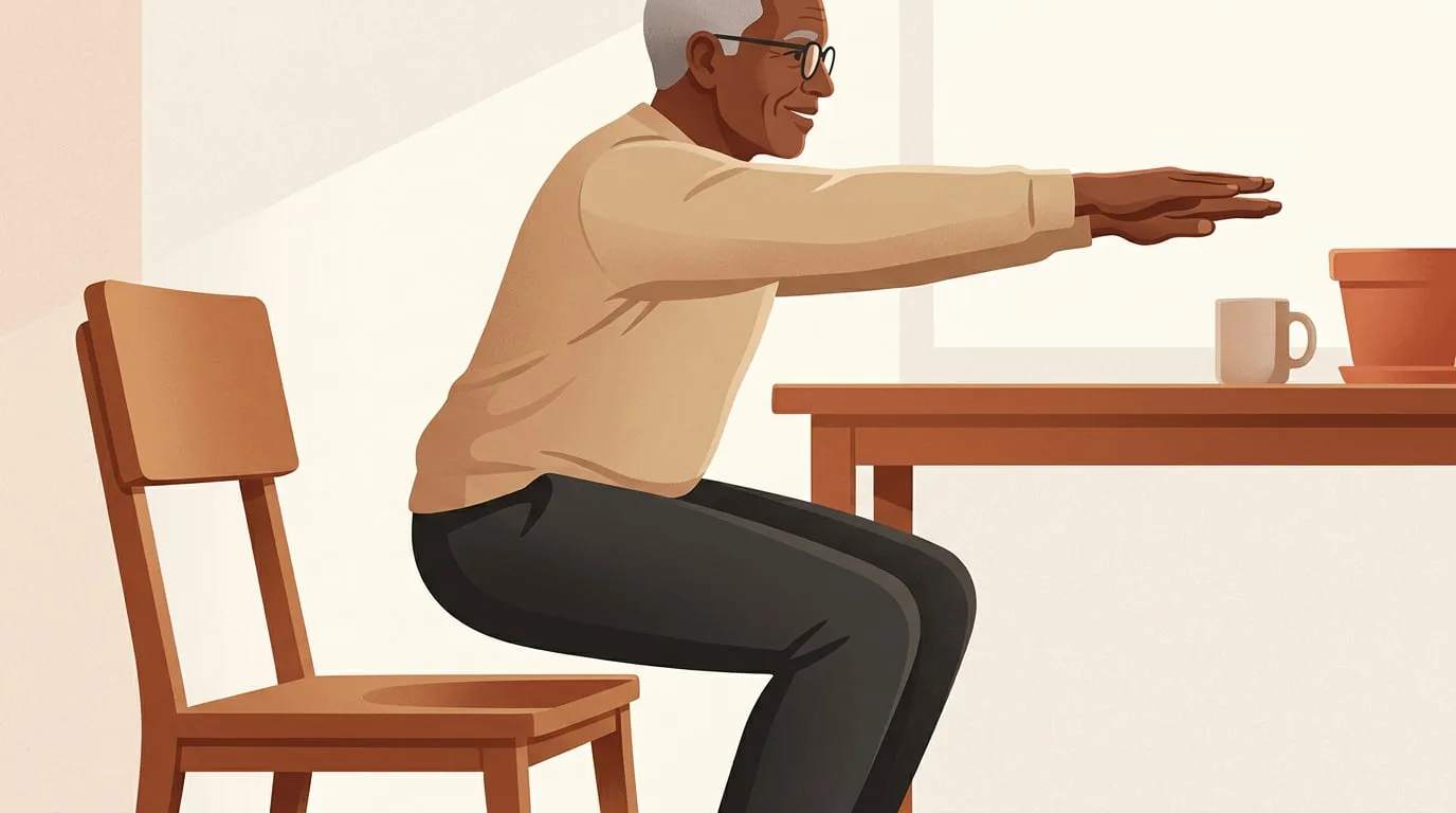 Close-up of a man in his sixties lowering into a squat just above the seat of his desk chair in a home office, arms reaching forward for balance during a squat break from sitting