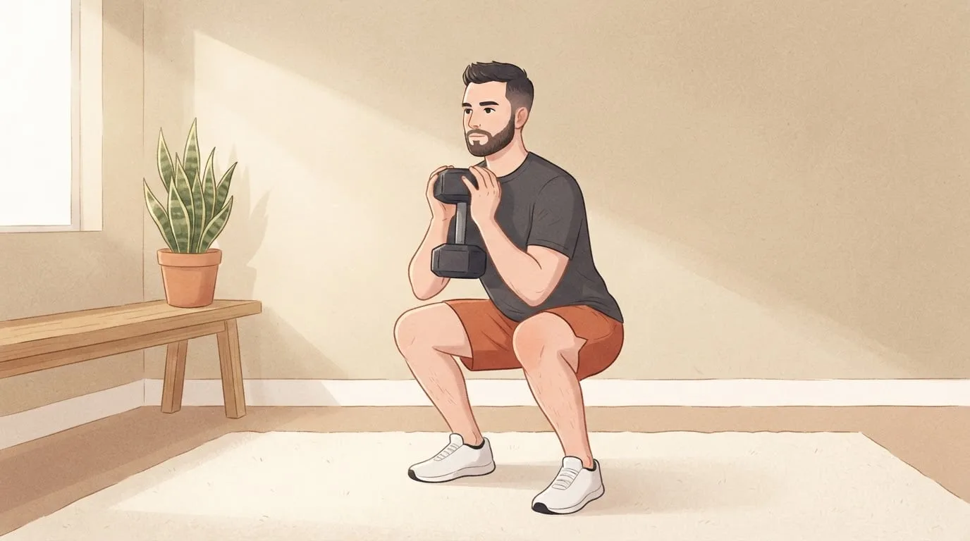 A man in his thirties holding one dumbbell upright against his chest in a goblet squat with his thighs near parallel, in a sunlit home workout corner with a wooden bench and a plant