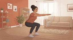 A woman in her forties doing a bodyweight squat with her arms out in front on a rug in a warm terracotta living room, part of a daily squat routine at home