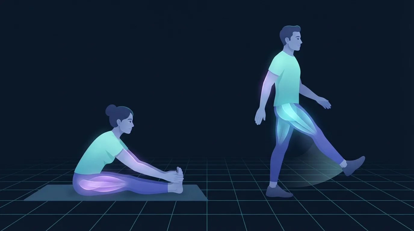 Two people training flexibility side by side, one holding a still seated forward fold with the hamstrings glowing and the other swinging a straight leg through a moving range with the hip and thigh glowing
