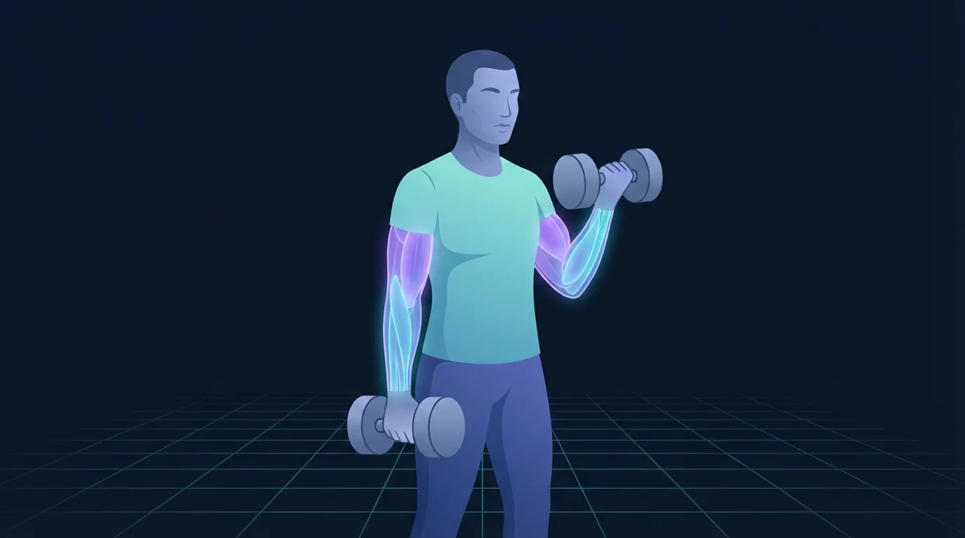 A figure performing a hammer curl with a dumbbell in each hand and the palms facing inward, one arm at the bottom and one curled to the top, with the front of the upper arms and the thick top of the forearms glowing together