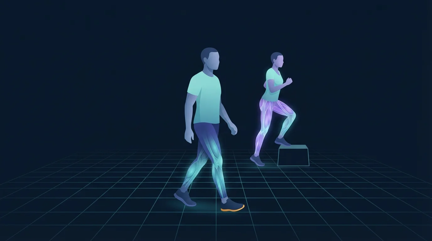 Eine Figur geht gleichmäßig über ein Bodenraster, eine zweite Figur dahinter mitten in einem Step-up auf eine niedrige Box, die Beine der Gehenden leuchten schwach und die Beine der Steppenden leuchten hell, was eine lockere Einheit gepaart mit einer härteren in derselben Trainingswoche zeigt