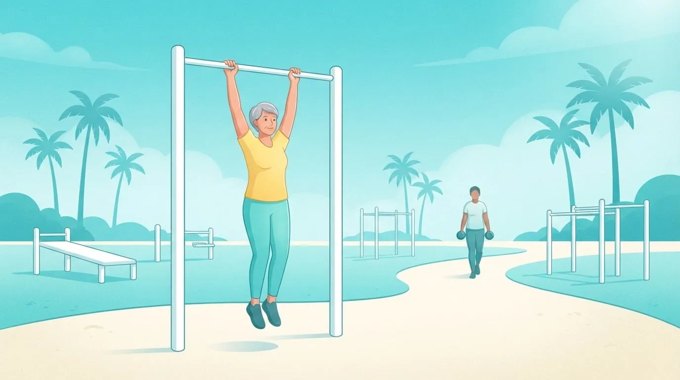 Eine grauhaarige Frau macht einen Dead Hang an einer Klimmzugstange im Freien in einem sonnigen Fitnesspark, während hinter ihr ein Mann mit je einer Kurzhantel in der Hand den Weg entlanggeht