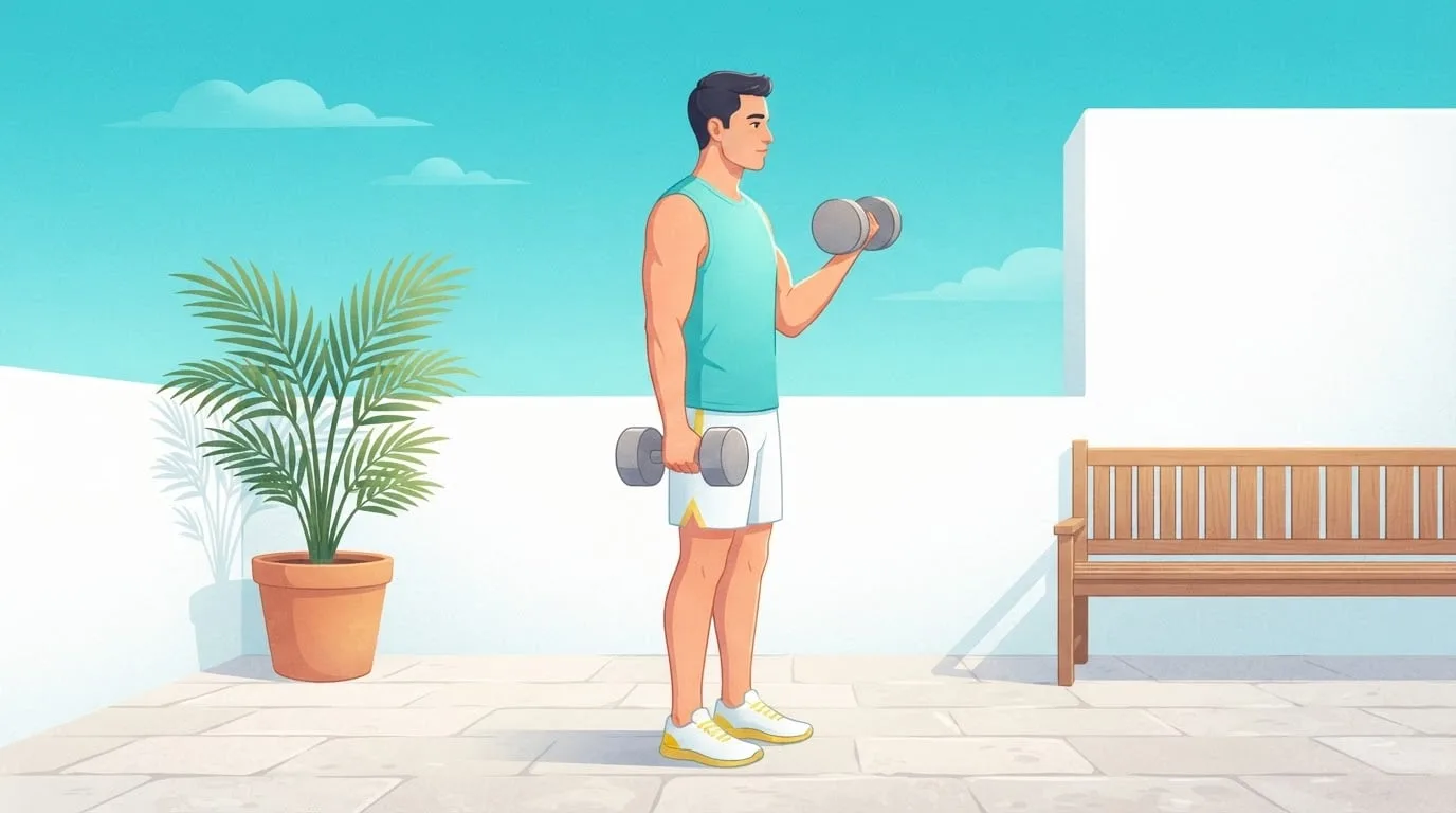 Ein Mann macht Hammer Curls mit Kurzhanteln auf einer sonnigen Dachterrasse, eine Kurzhantel bis zur Schulter gebeugt und eine am Oberschenkel, die Unterarme arbeiten an der Daumenseite