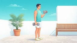 A man doing dumbbell hammer curls on a sunny rooftop terrace, one dumbbell curled to his shoulder and one at his thigh, with his forearms working along the thumb side