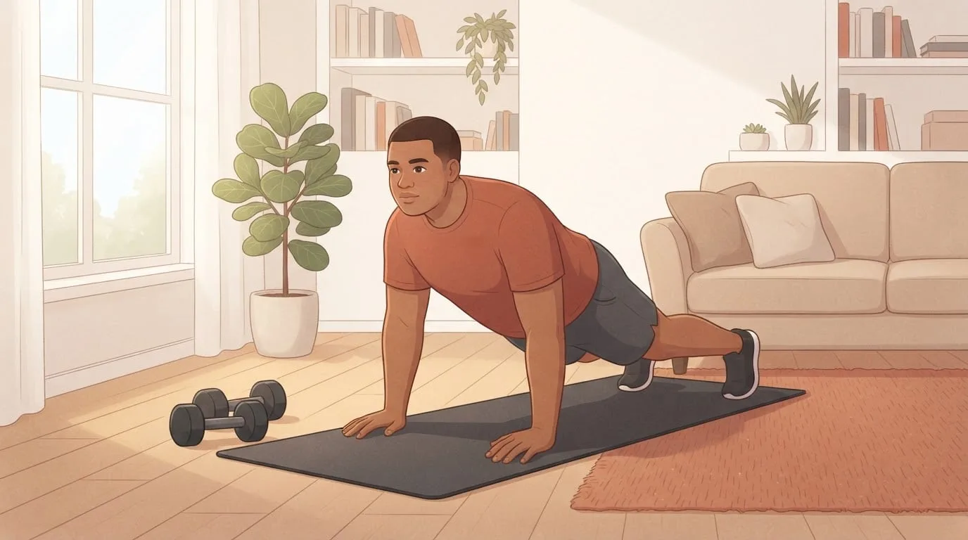 Un homme tenant la position haute d'une pompe sur un tapis d'exercice dans un salon ensoleillé, avec une paire d'haltères sur le parquet à côté de lui, une installation simple pour prendre du muscle à la maison