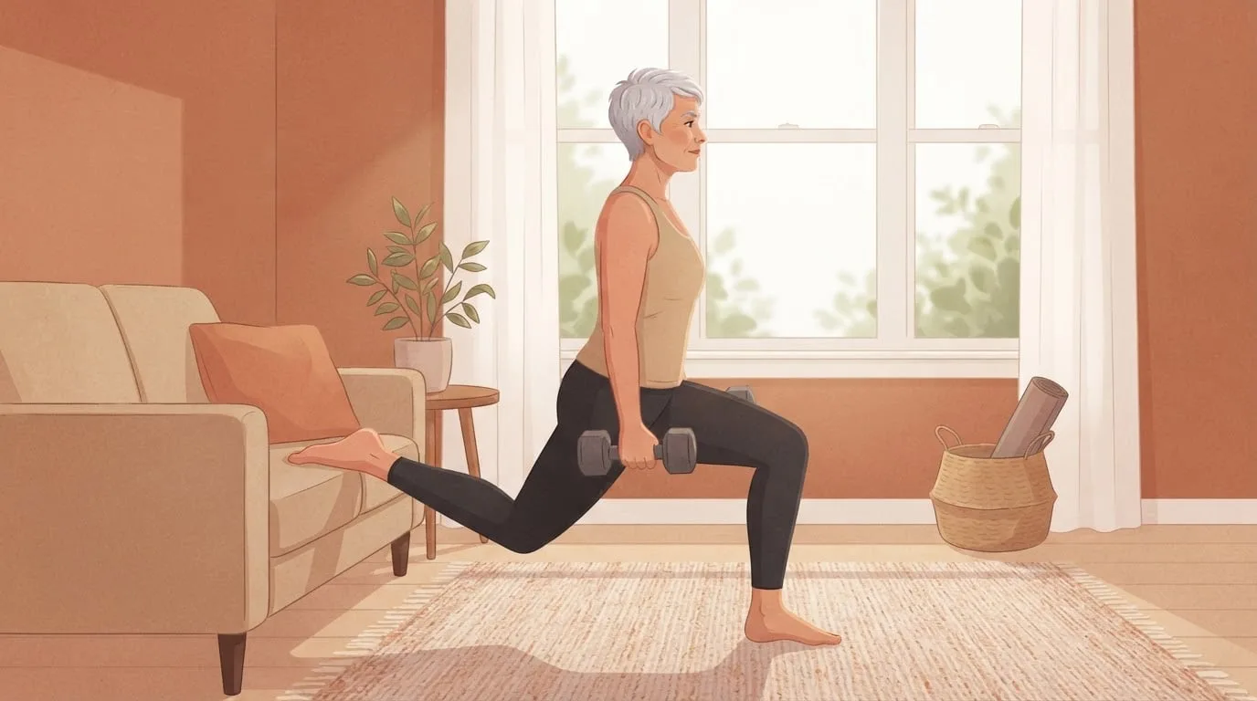 Une femme d'une cinquantaine d'années aux cheveux courts argentés faisant un squat bulgare dans son salon, le pied arrière posé sur le canapé et un haltère dans chaque main, un exercice à la maison pour développer les muscles des jambes