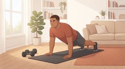 A man holding the top of a push-up on an exercise mat in a sunny living room, with a pair of dumbbells on the wooden floor beside him, a simple setup for building muscle at home
