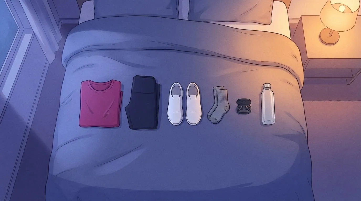 Overhead view of a made bed at dusk with tomorrow's workout clothes laid out in a row: a folded magenta t-shirt, dark leggings, white sneakers, socks, earbuds and a water bottle