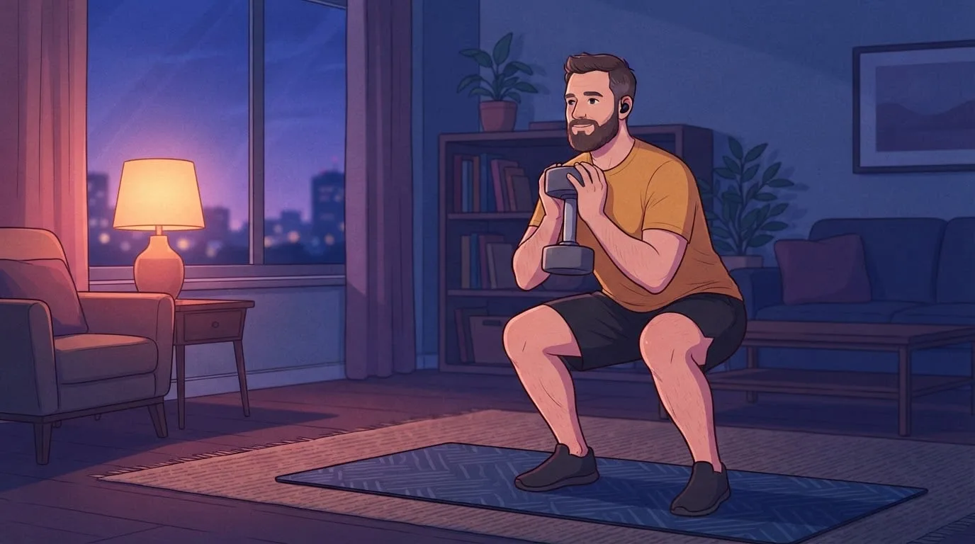 A bearded man in an amber t-shirt and earbuds doing a dumbbell goblet squat on a mat in his living room in the evening, a lamp glowing by the window