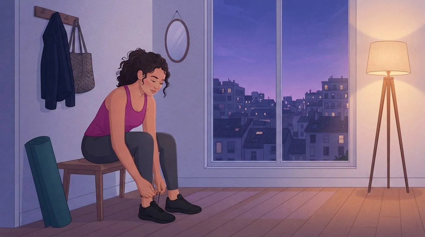 A woman in a magenta workout top sitting on a bench in her apartment entryway at dusk, lacing her sneakers beside a rolled exercise mat, a small daily routine that builds self-discipline
