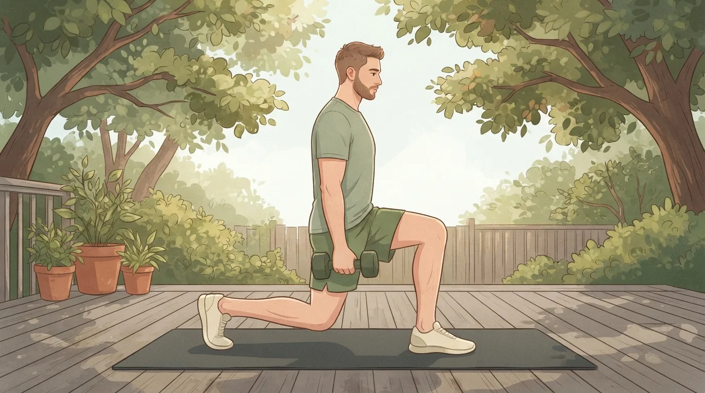 Ein junger Mann macht auf einer Trainingsmatte auf einer schattigen Holzterrasse im Garten einen Ausfallschritt rückwärts mit Kurzhanteln an den Seiten, Teil eines Krafttrainingszirkels zu Hause, der Kalorien verbrennt