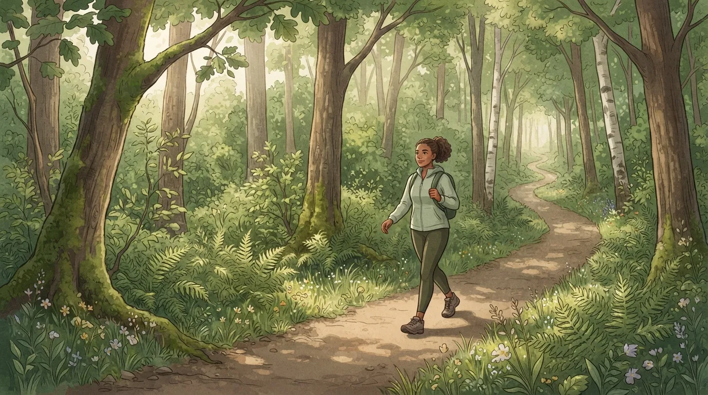 Eine Frau geht zügig auf einem gewundenen Waldweg im gesprenkelten Sonnenlicht, mit einem kleinen Tagesrucksack, die Art langer Spaziergang, die den Großteil eines 1.000-Kalorien-Tages ausmacht