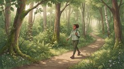 A woman walking briskly along a winding wooded trail in dappled sunlight with a small daypack, the kind of long walk that makes up most of a 1,000-calorie day