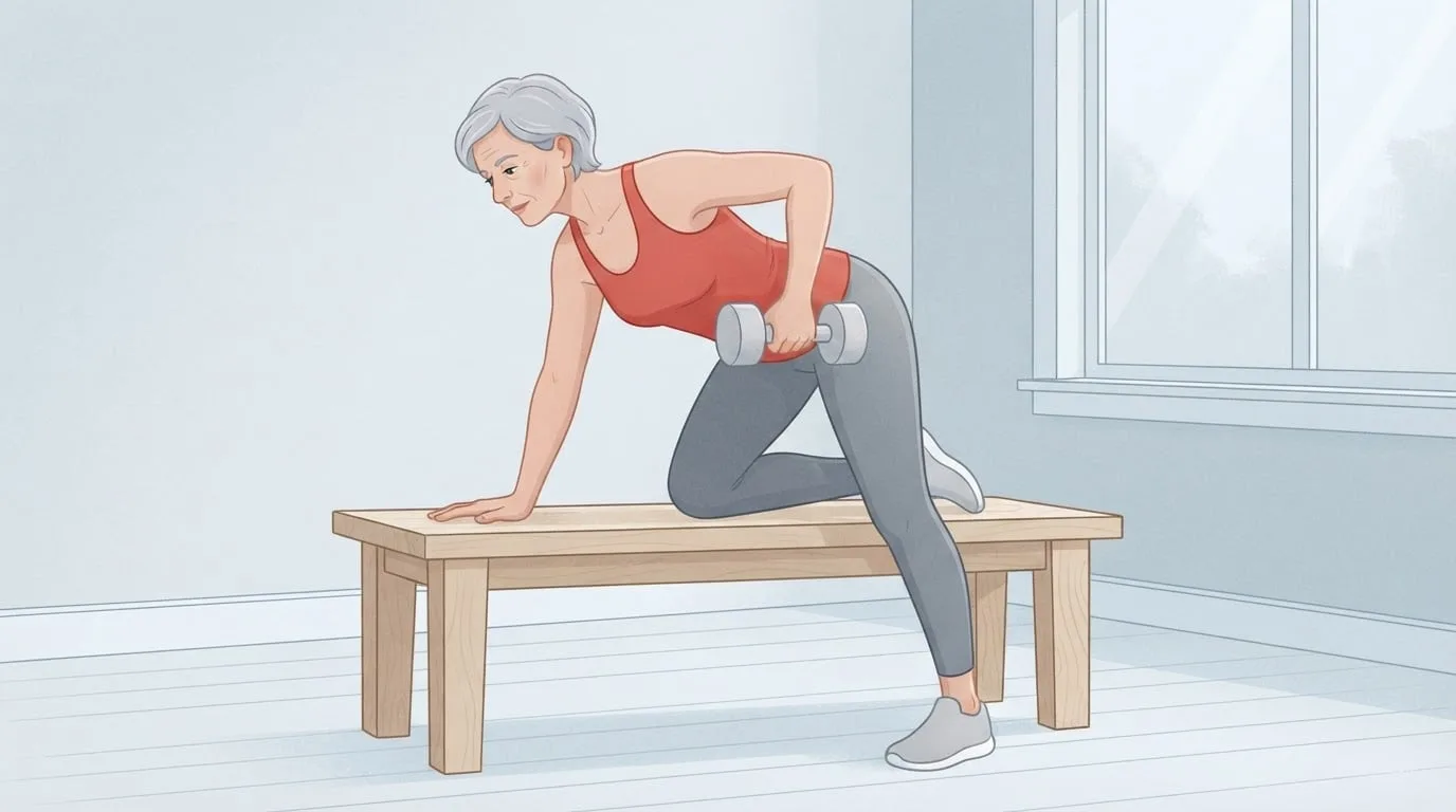 Uma mulher na casa dos cinquenta anos, de cabelo grisalho curto e regata vermelha, fazendo uma remada unilateral com halter, com uma mão e um joelho num banco de bétula, num estúdio doméstico tranquilo em tom azul-acinzentado claro, o padrão de puxar horizontal num plano de treino