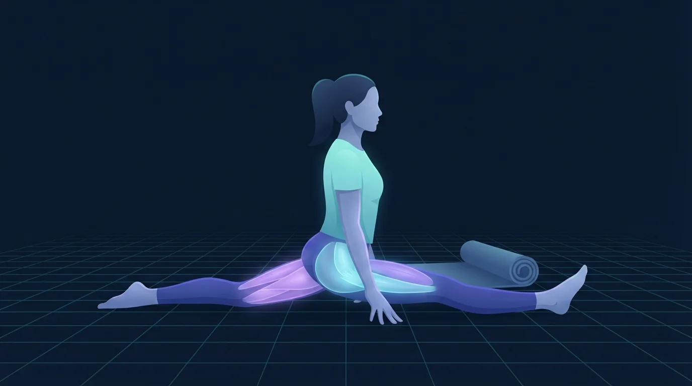 Una persona sosteniendo un split frontal completo con el torso erguido y las caderas cuadradas, la parte trasera del muslo delantero y la parte delantera de la cadera trasera brillando ambas para mostrar los dos tejidos bajo tensión a la vez