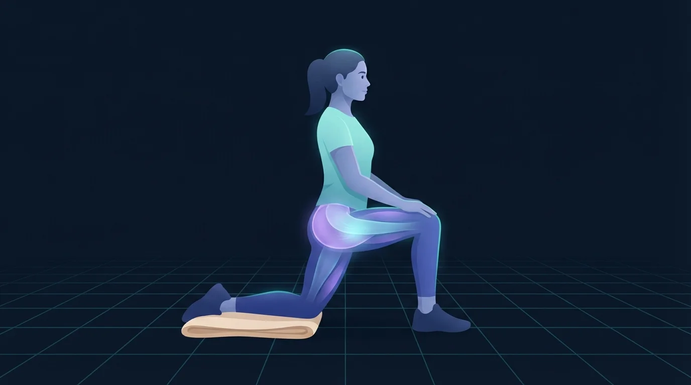 Una persona en una zancada erguida de media rodilla con la rodilla trasera sobre una toalla doblada, la parte delantera de la cadera trasera y la parte superior del muslo trasero brillando para mostrar dónde debería sentirse el estiramiento