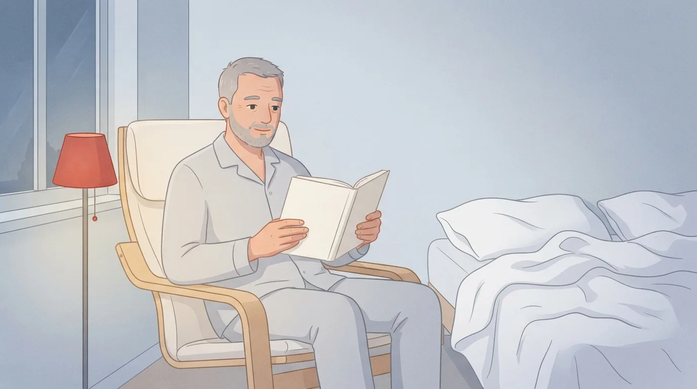 Un hombre de unos cincuenta años en pijama sentado en un sillón de abedul junto a una ventana, leyendo un libro en papel junto a una pequeña lámpara roja, con su cama vacía y deshecha al lado, tras levantarse porque no podía dormirse