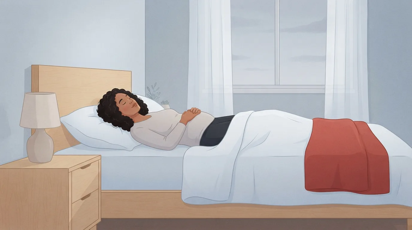 Una mujer tumbada boca arriba en la cama de un dormitorio tranquilo de color azul grisáceo pálido con muebles de abedul, con los ojos cerrados y las manos sobre el vientre mientras respira despacio para dormirse más rápido, y una manta rojo tomate doblada a los pies