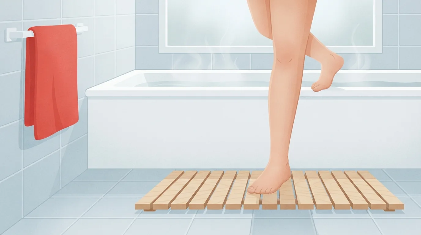 Primer plano de las piernas y los pies descalzos de una persona saliendo de un baño tibio humeante sobre una alfombrilla de baño de listones de abedul en un baño azul grisáceo pálido, con una toalla rojo tomate colgada cerca, un baño de la tarde-noche para dormirse más rápido
